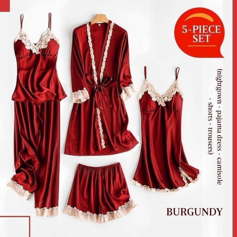 Soft Comfortable Ice Silk Lace Pajamas(5pcs Set)