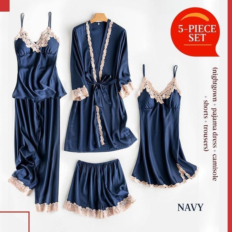 Soft Comfortable Ice Silk Lace Pajamas(5pcs Set)