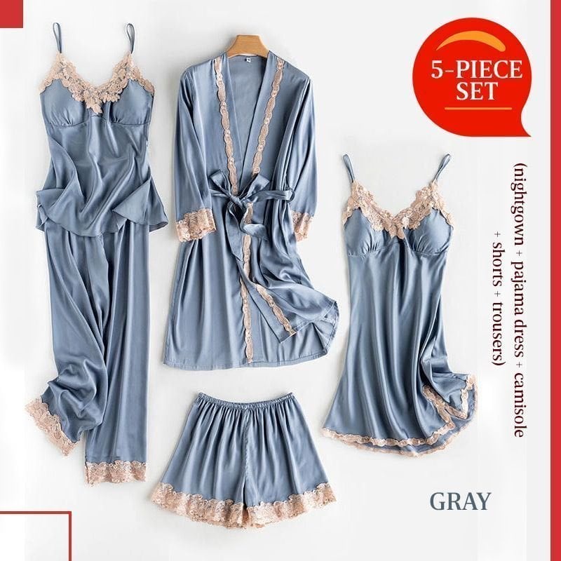 Soft Comfortable Ice Silk Lace Pajamas(5pcs Set)