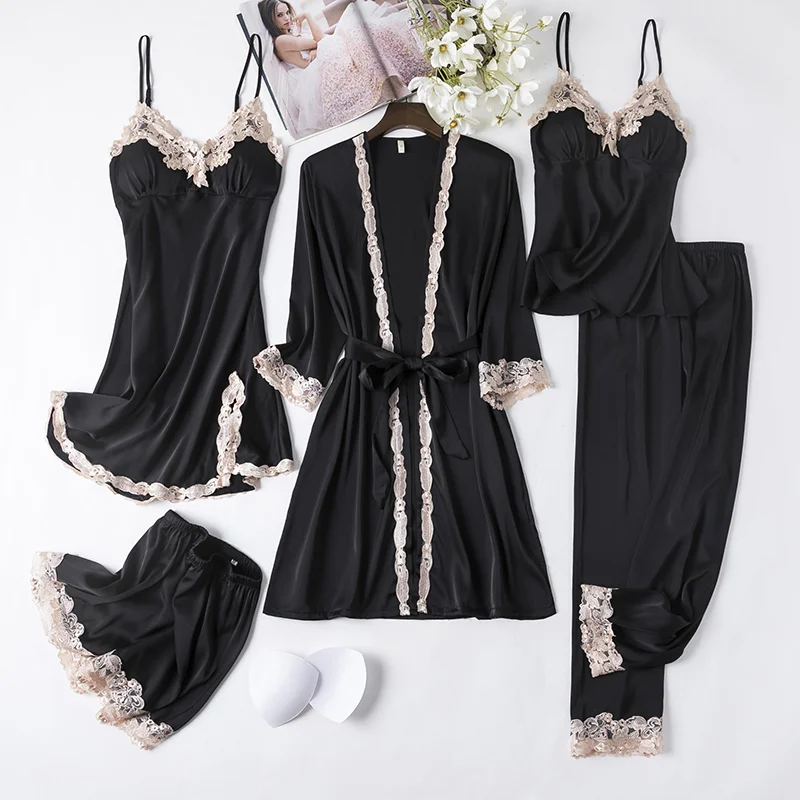 Soft Comfortable Ice Silk Lace Pajamas(5pcs Set)
