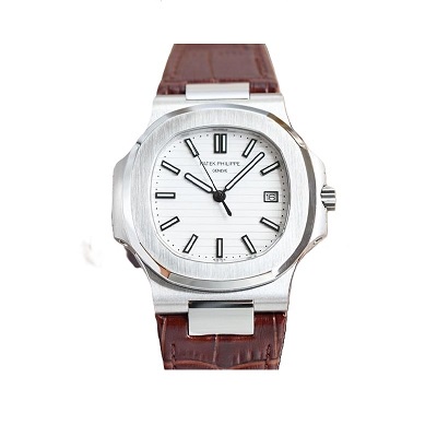  نوتيلوس 40 مم بحزام جلدي ومينا بيضاء Nautilus 40mm White Dial Leather Strap