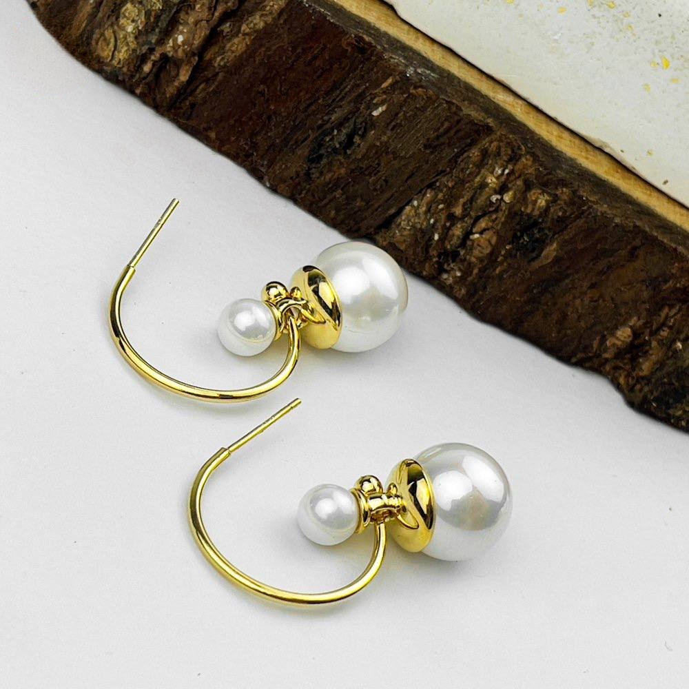 Golden Open Circle Earrings – Silver 925 with White Pearl Duo