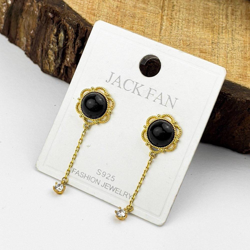 Golden Hoop with Black & Crystal Drop – Silver 925