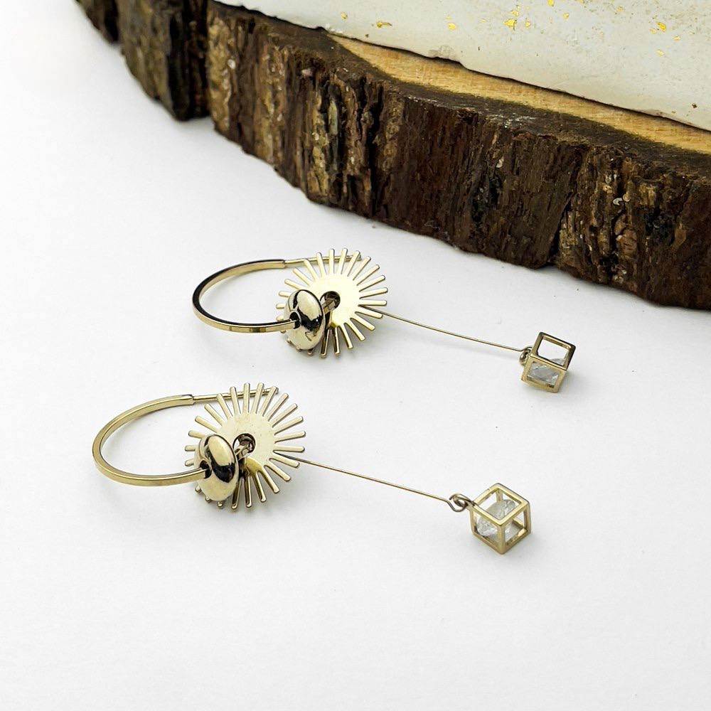 Dark Gold Ray Drop Earrings – Silver 925 with Crystal Box Charm