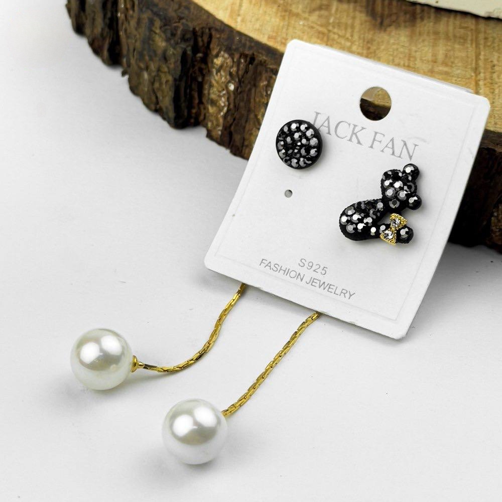 Black Button & Bunny Drop Earrings – Silver 925
