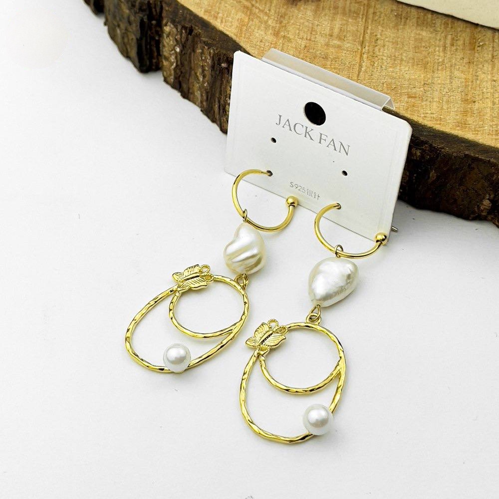 Golden Oval Harmony Earrings – 925 Silver with Pearl
