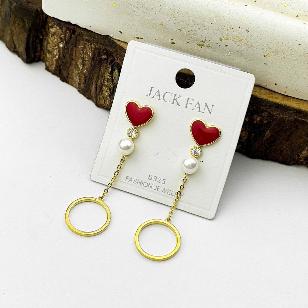 Red Heart & Pearl Drop Earrings – Gold Plated Silver 925