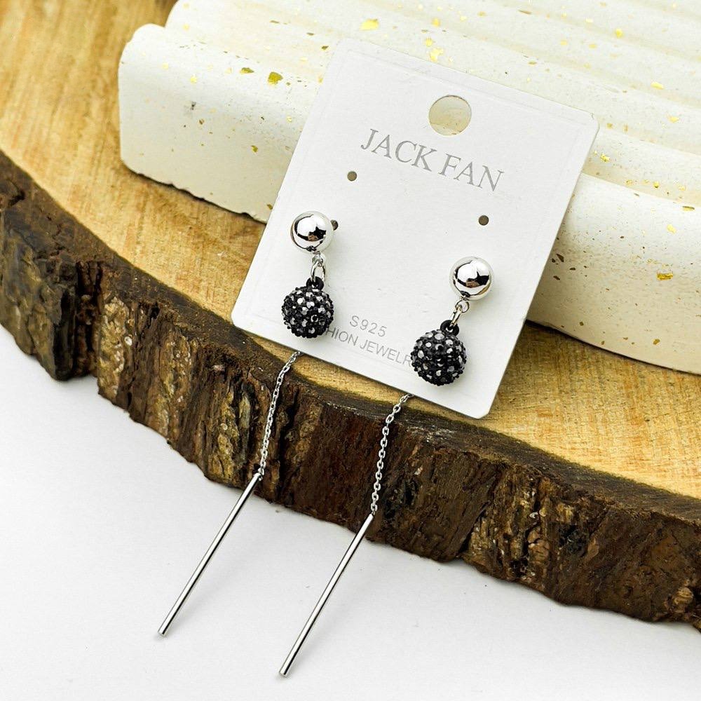 Silver & Black Ball Drop Earrings – Silver 925 with Chain Accent