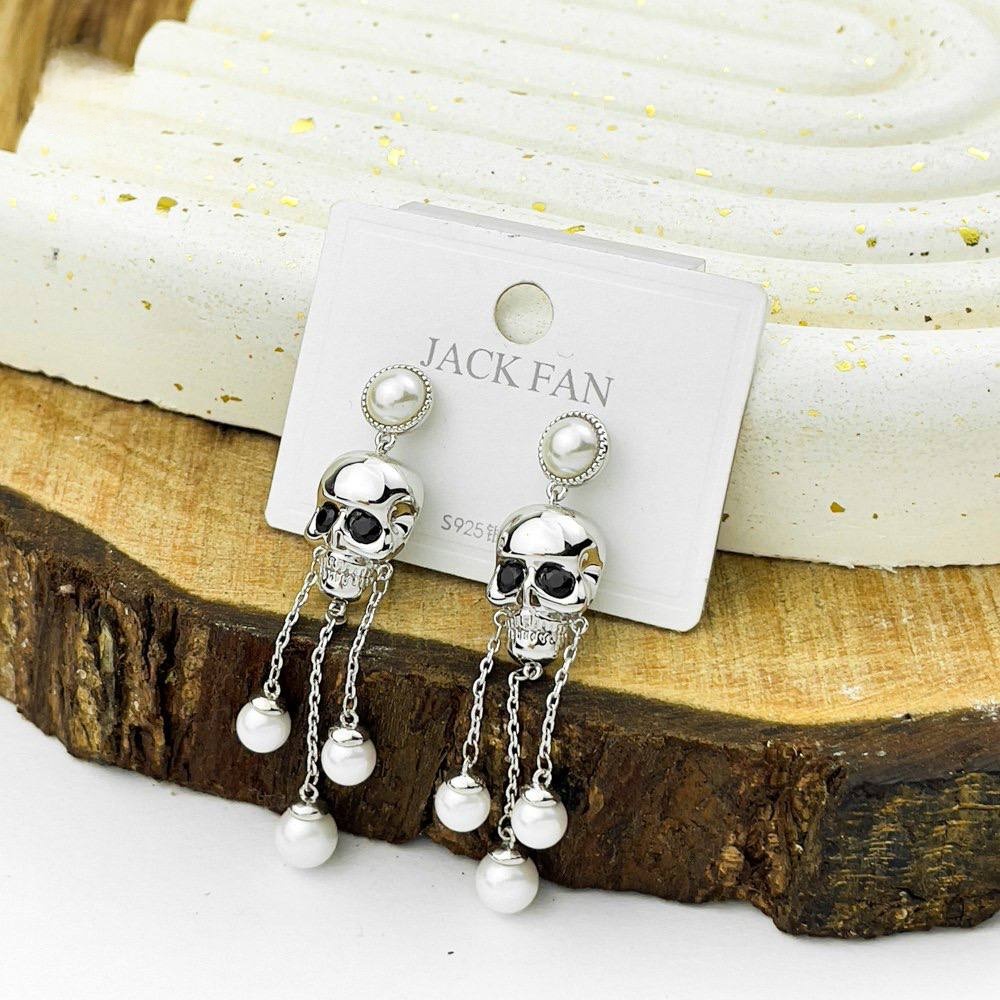 Silver Skull Earrings with Triple Chain & White Beads