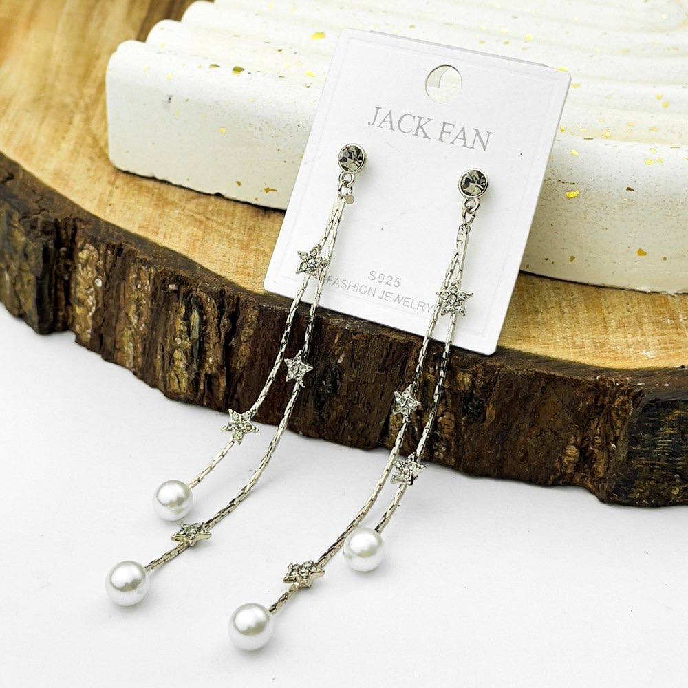 Celestial Star & Pearl Earrings – Platinum Silver 925