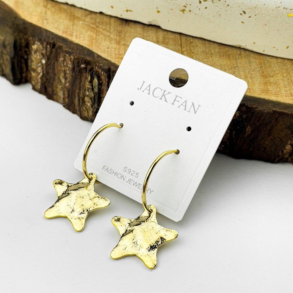 Hammered Star Hoop Earrings – Platinum Silver 925, Gold Finish