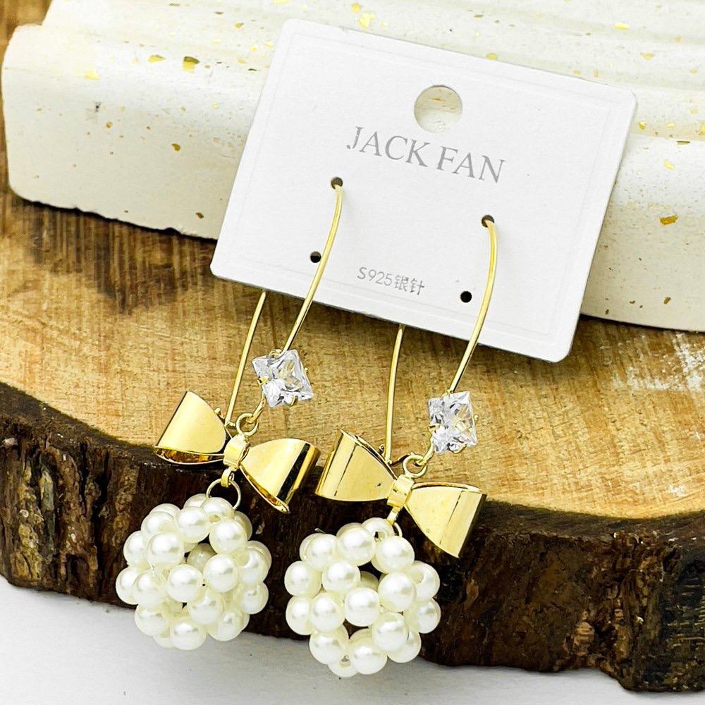 Gold Bow & Pearl Cluster Drop Earrings – Platinum Silver 925