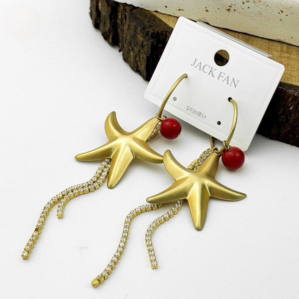 Golden Starfish & Red Bead Earrings – Silver 925