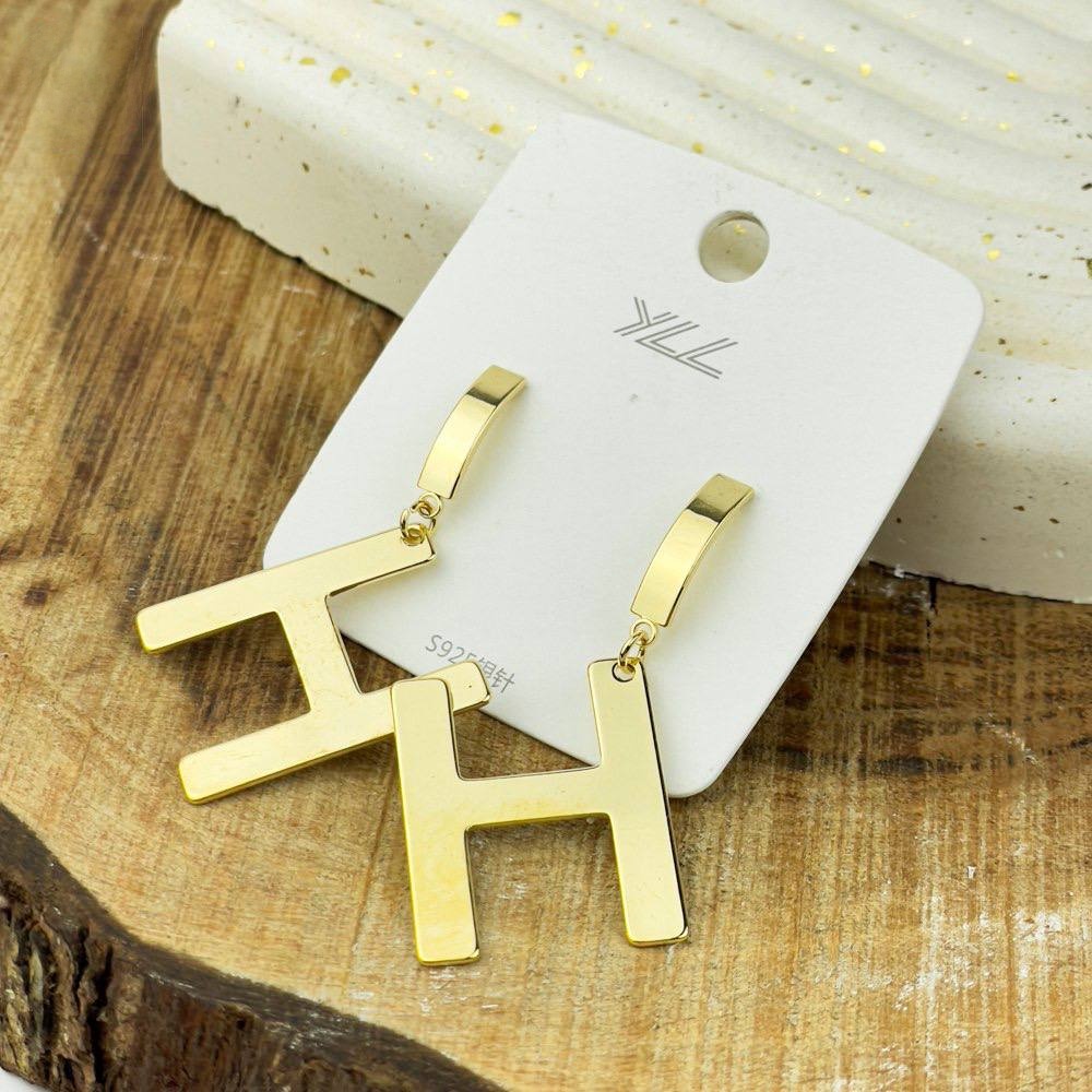 Golden H-Shaped Stud Earrings