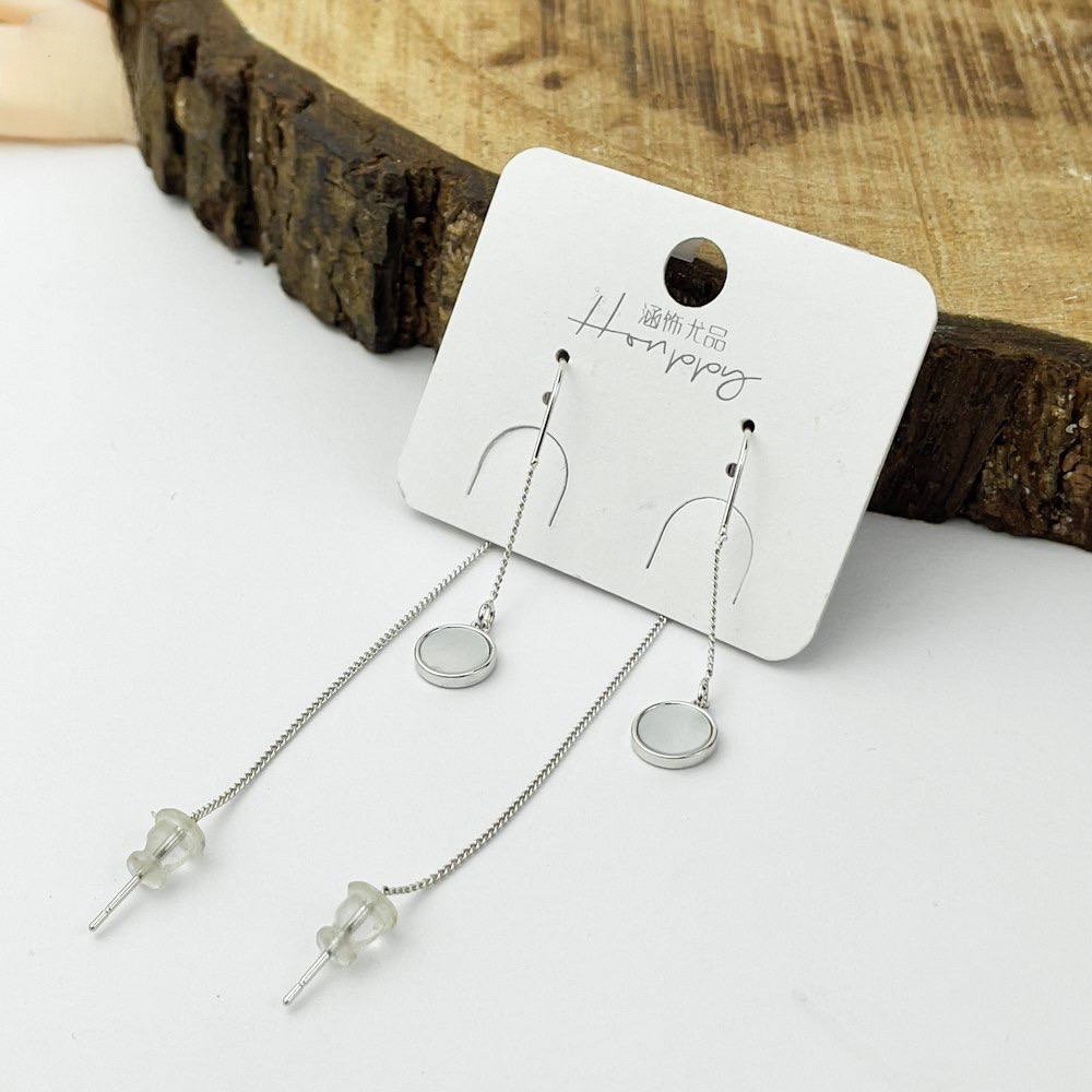 Double Chain Drop Earrings – Silver with Round Charm