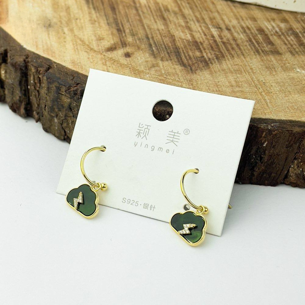 Storm Cloud Earrings – Gold with Green Cloud & Lightning Bolt