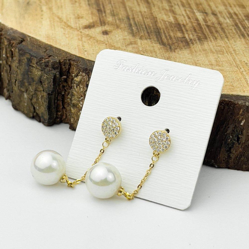 Platinum Drop Chain Earrings – Pearl-Like Bead