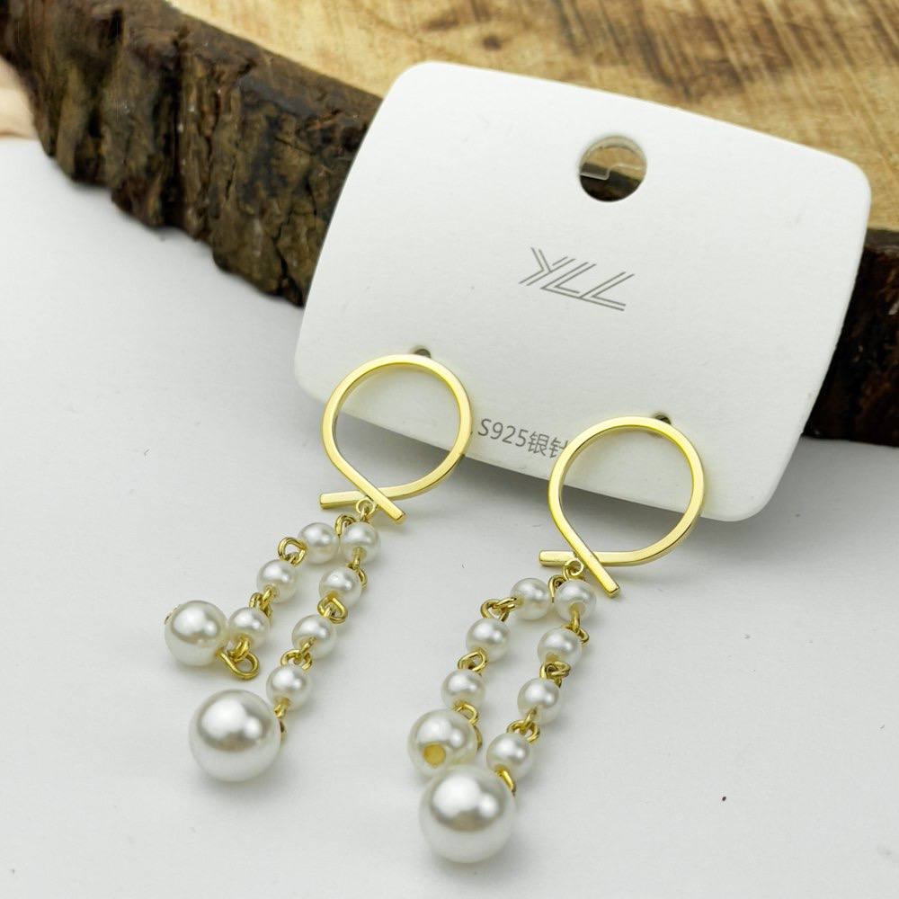 Platinum Double Chain Pearl Drop Earrings – Layered Beads