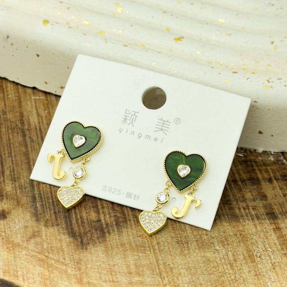 Golden Heart Drop Earrings – Letter J Charm