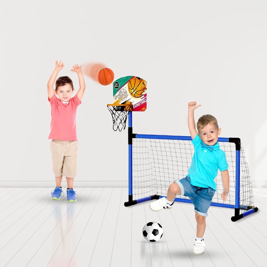 تصميم 2 في 1: مرمى كرة قدم + حلقة كرة سلة في لعبة واحدة ممتعة.