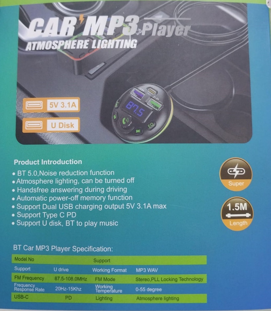 مشغل بلوتوث وشاحن هاتف للسيارة 7 مخارج FM Modulator Bluetooth & 7 Port Charger product thumbnail 2