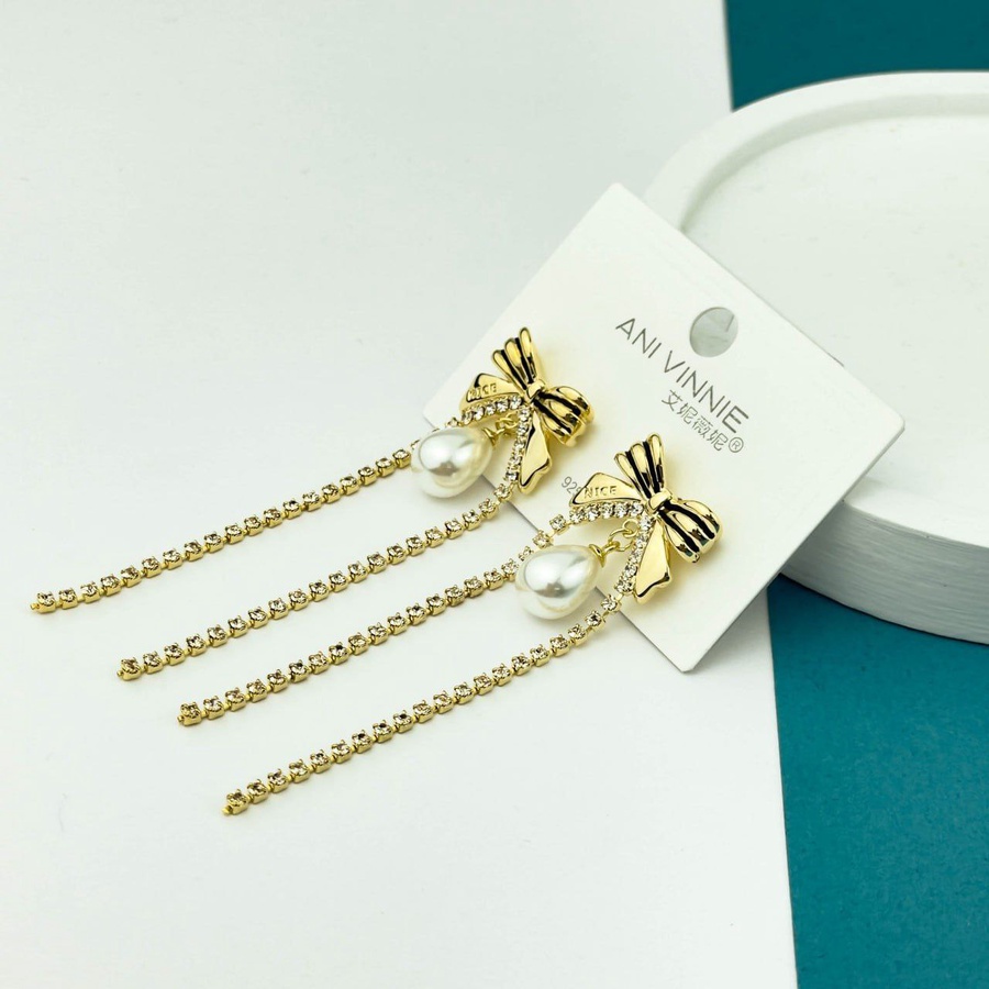 Golden Bow Pearl Zircon Drop Earrings