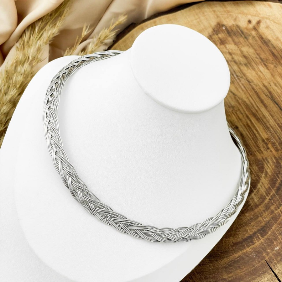 Silver Braided Stainless Steel Choker Necklace -  Dense Braid