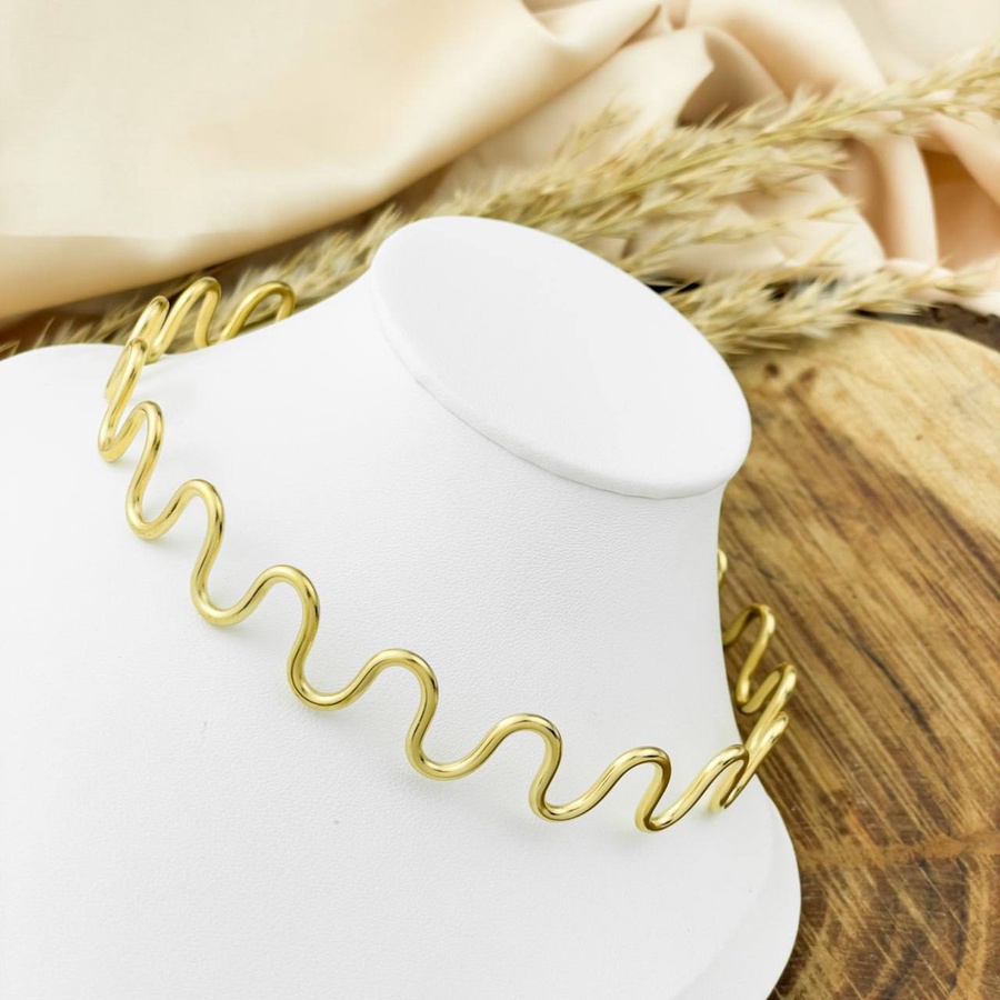 Gold Zigzag Curved Stainless Steel Choker Necklace