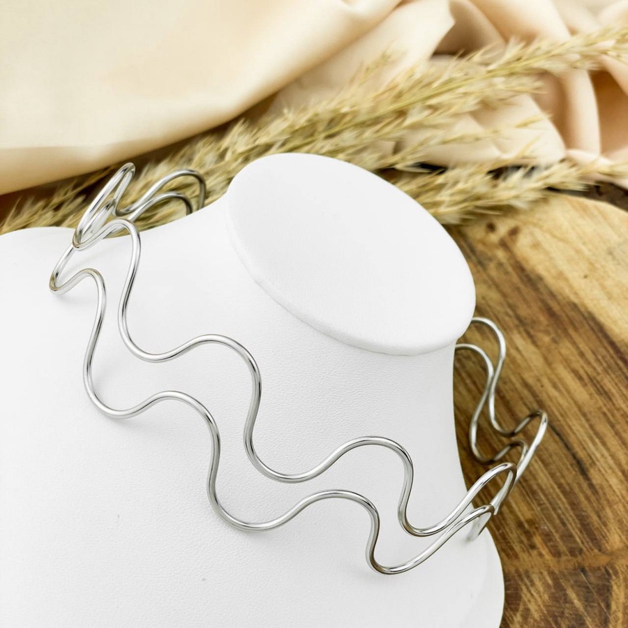 Silver Wave Double-Layer Stainless Steel Choker Necklace