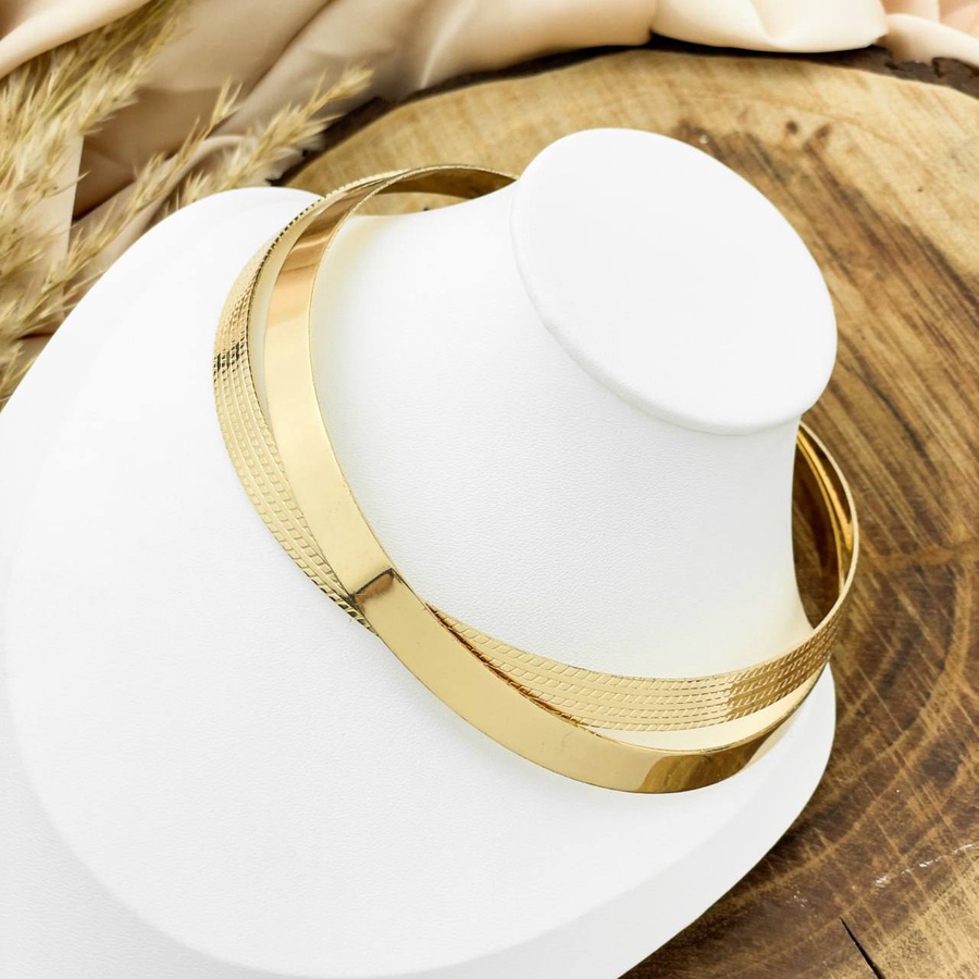 Double-Layer Textured & Plain Gold-Plated Choker Necklace