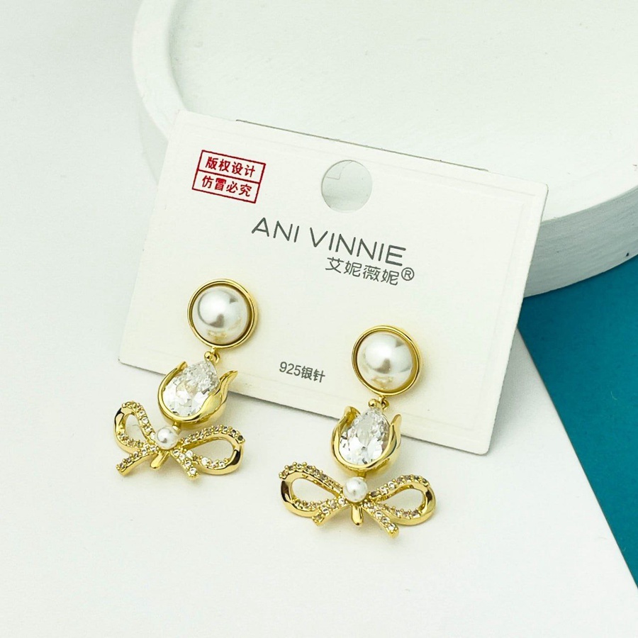 Gold Flower Bow Zircon Earrings