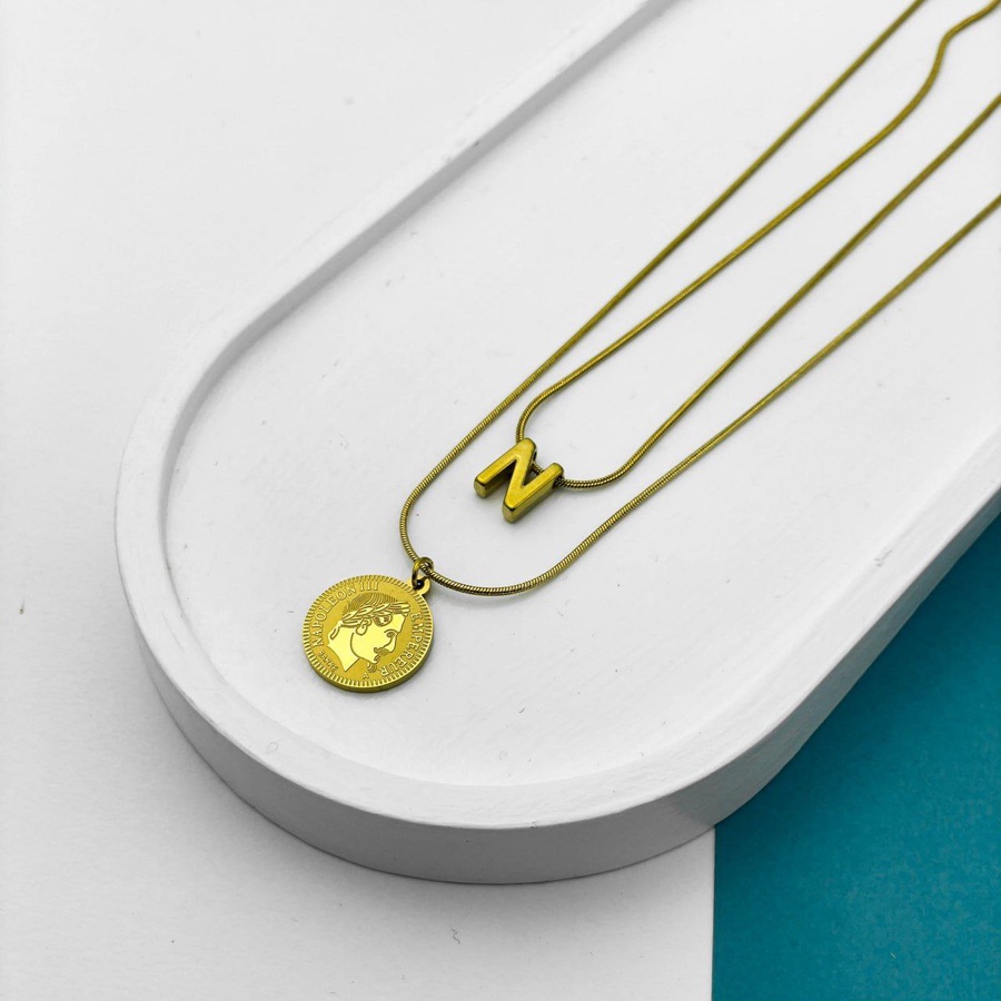 Double Layer Initial Necklace – Gold with Napoleon Coin Pendant
