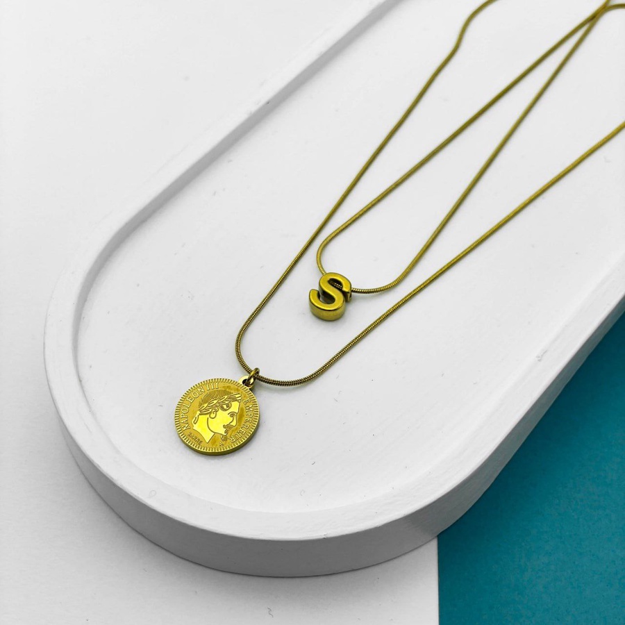 Double Layer Initial Necklace – Gold with Napoleon Coin Pendant