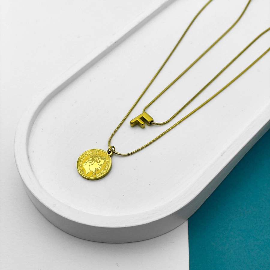 Double Layer Initial Necklace – Gold with Napoleon Coin Pendant