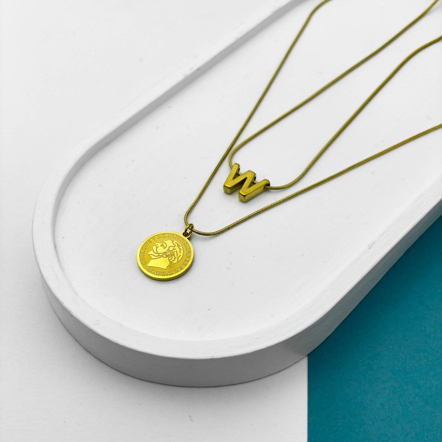 Double Layer Initial Necklace – Gold with Napoleon Coin Pendant