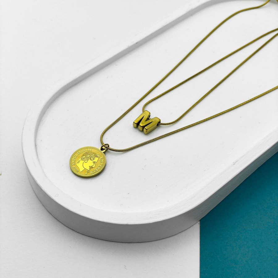 Double Layer Initial Necklace – Gold with Napoleon Coin Pendant