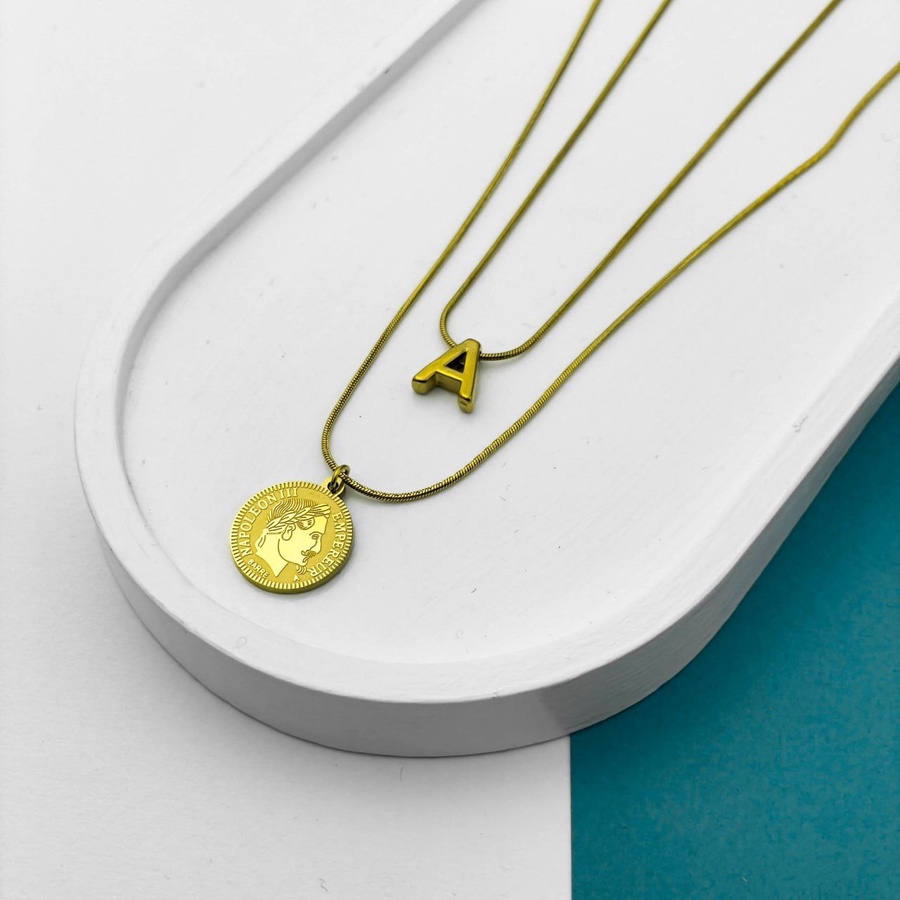 Double Layer Initial Necklace – Gold with Napoleon Coin Pendant