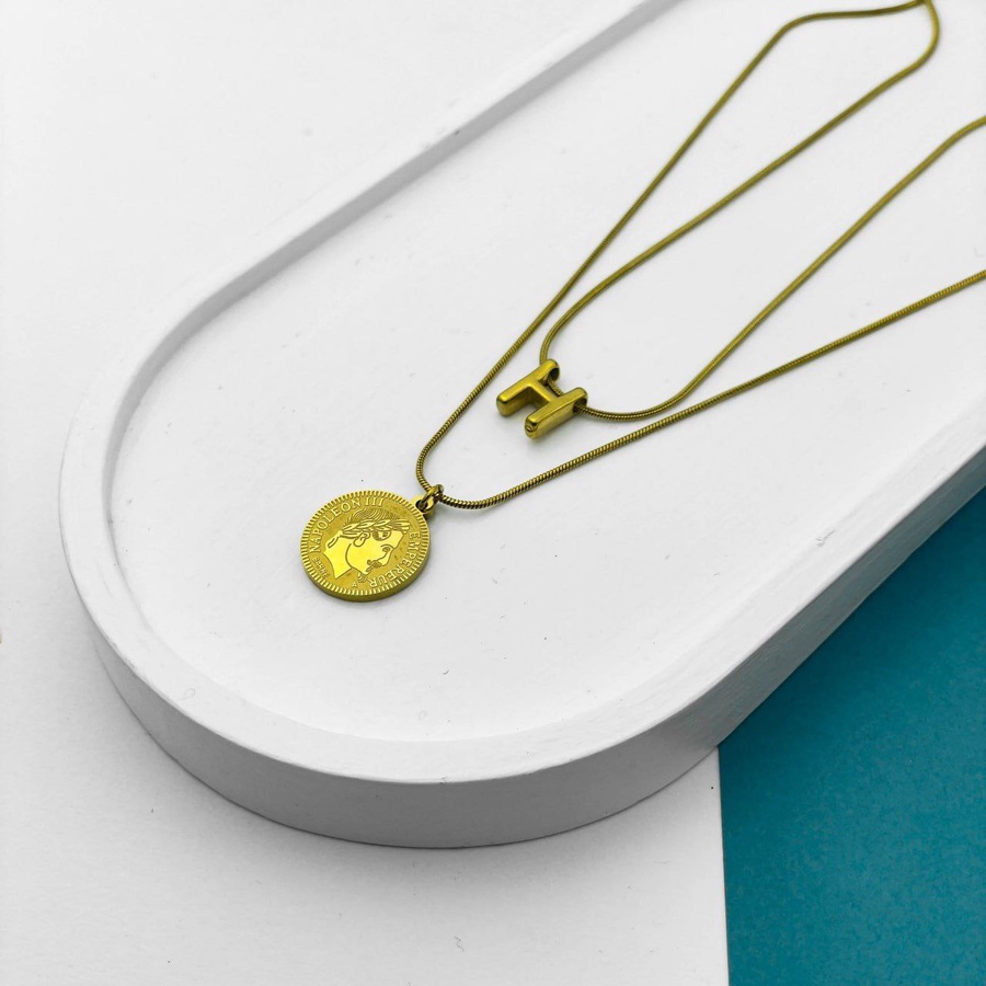 Double Layer Initial Necklace – Gold with Napoleon Coin Pendant