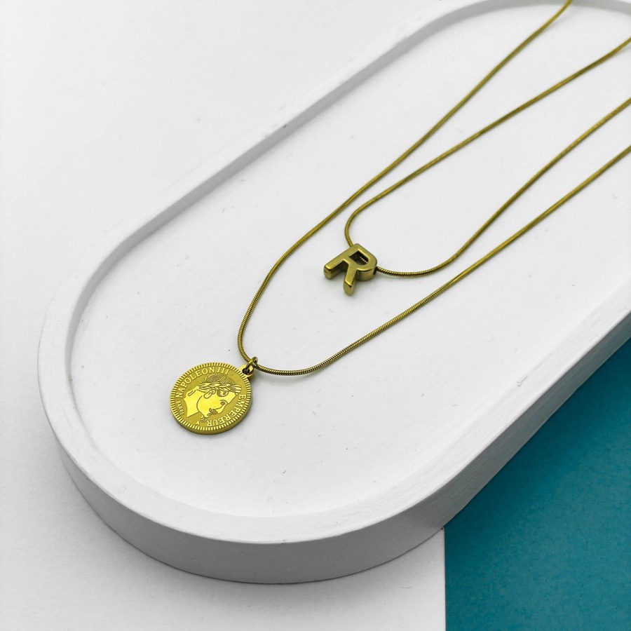 Double Layer Initial Necklace – Gold with Napoleon Coin Pendant