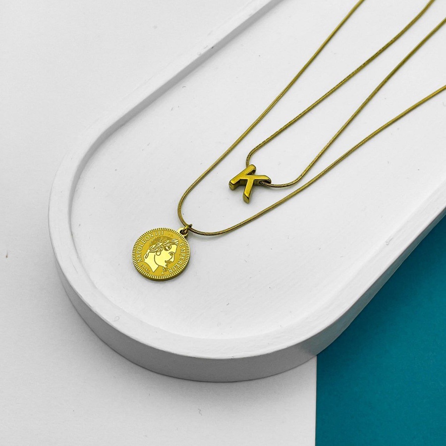 Double Layer Initial Necklace – Gold with Napoleon Coin Pendant