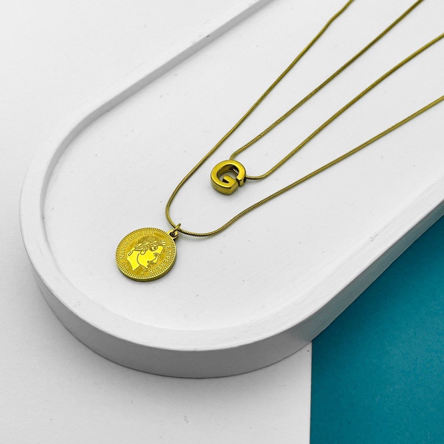 Double Layer Initial Necklace – Gold with Napoleon Coin Pendant