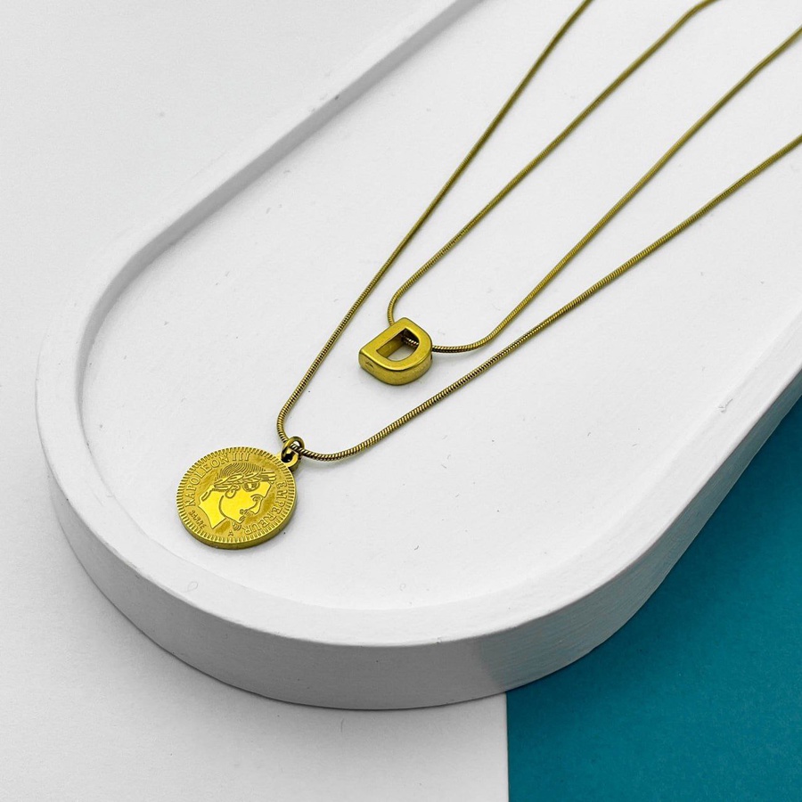 Double Layer Initial Necklace – Gold with Napoleon Coin Pendant