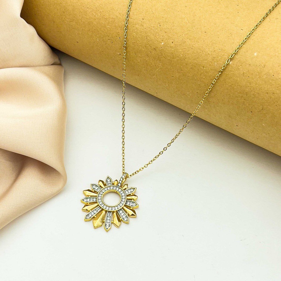 Gold Sunray Rhinestone Stainless Steel Necklace