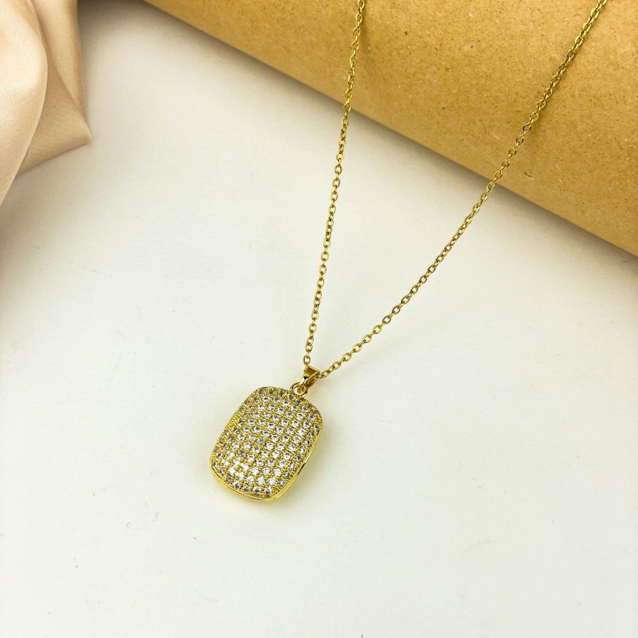 Gold Square Locket Rhinestone Stainless Steel Necklace
