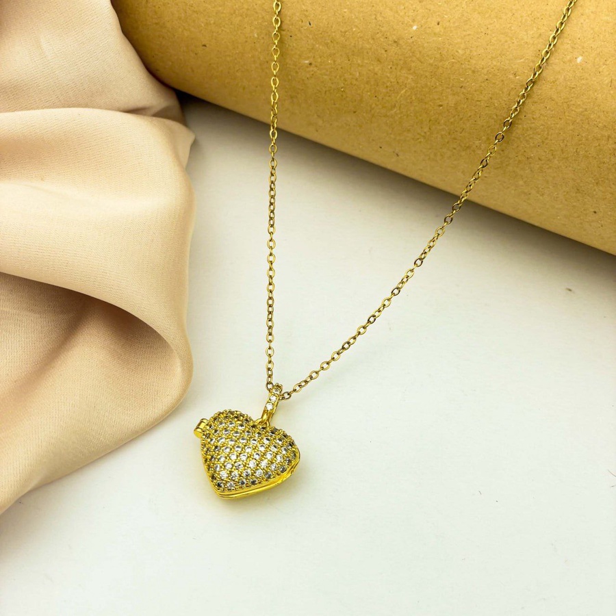 Gold Heart Locket Rhinestone Stainless Steel Necklace