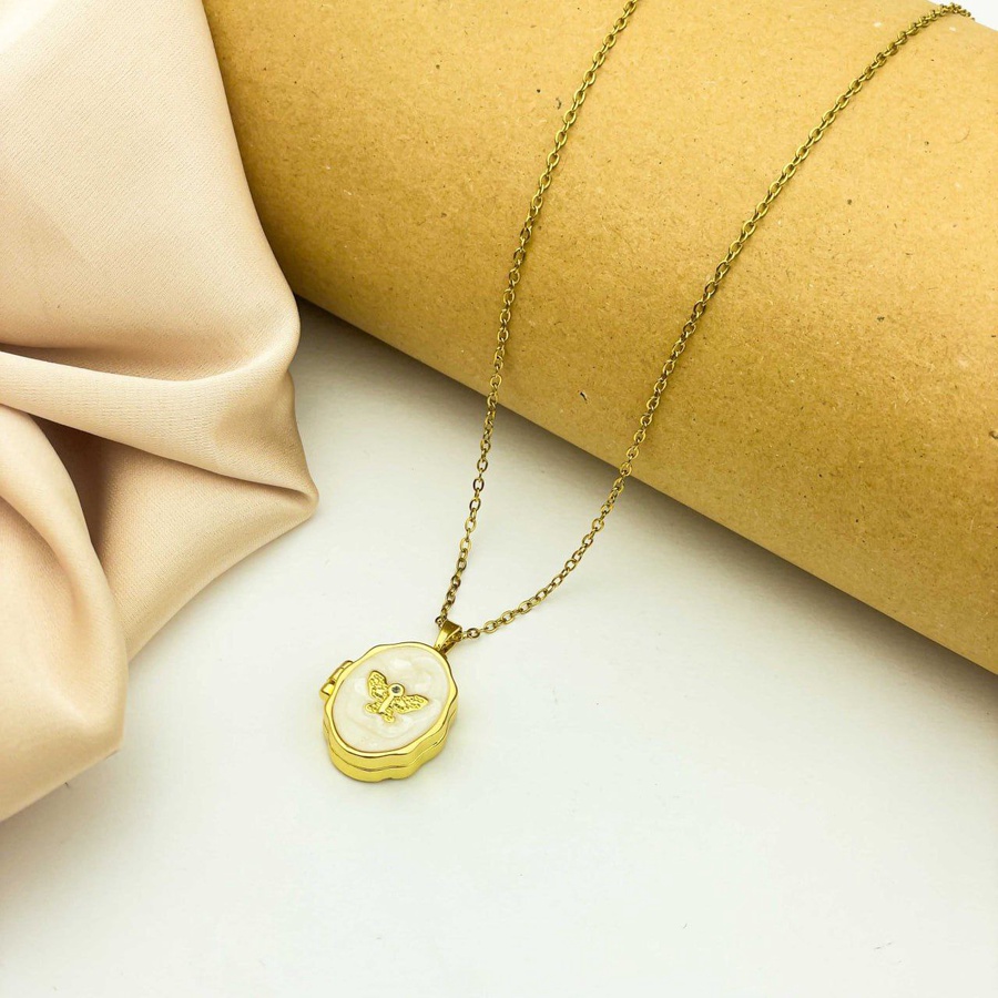 Butterfly White Enamel Locket – Gold Stainless Steel Necklace