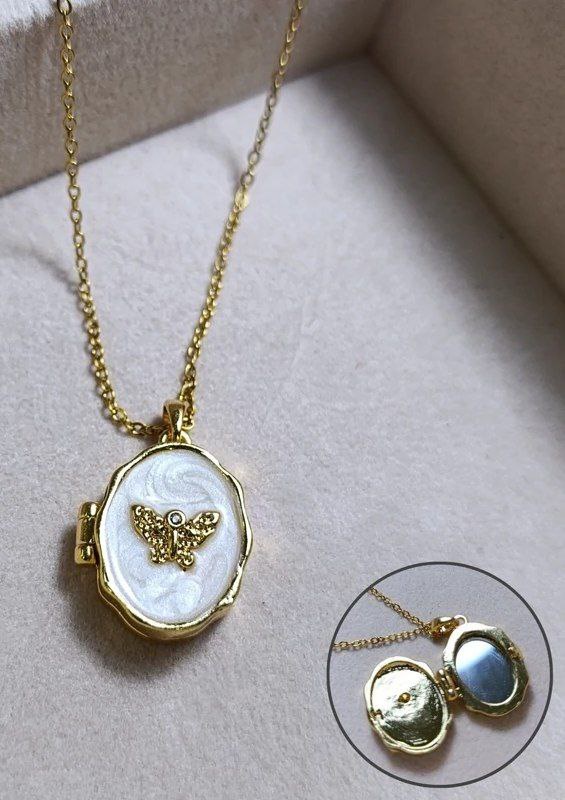 Butterfly White Enamel Locket – Gold Stainless Steel Necklace