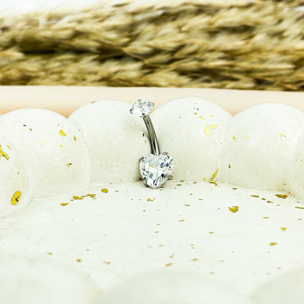 Crystal Zircon Belly Piercing – Heart & Square Steel