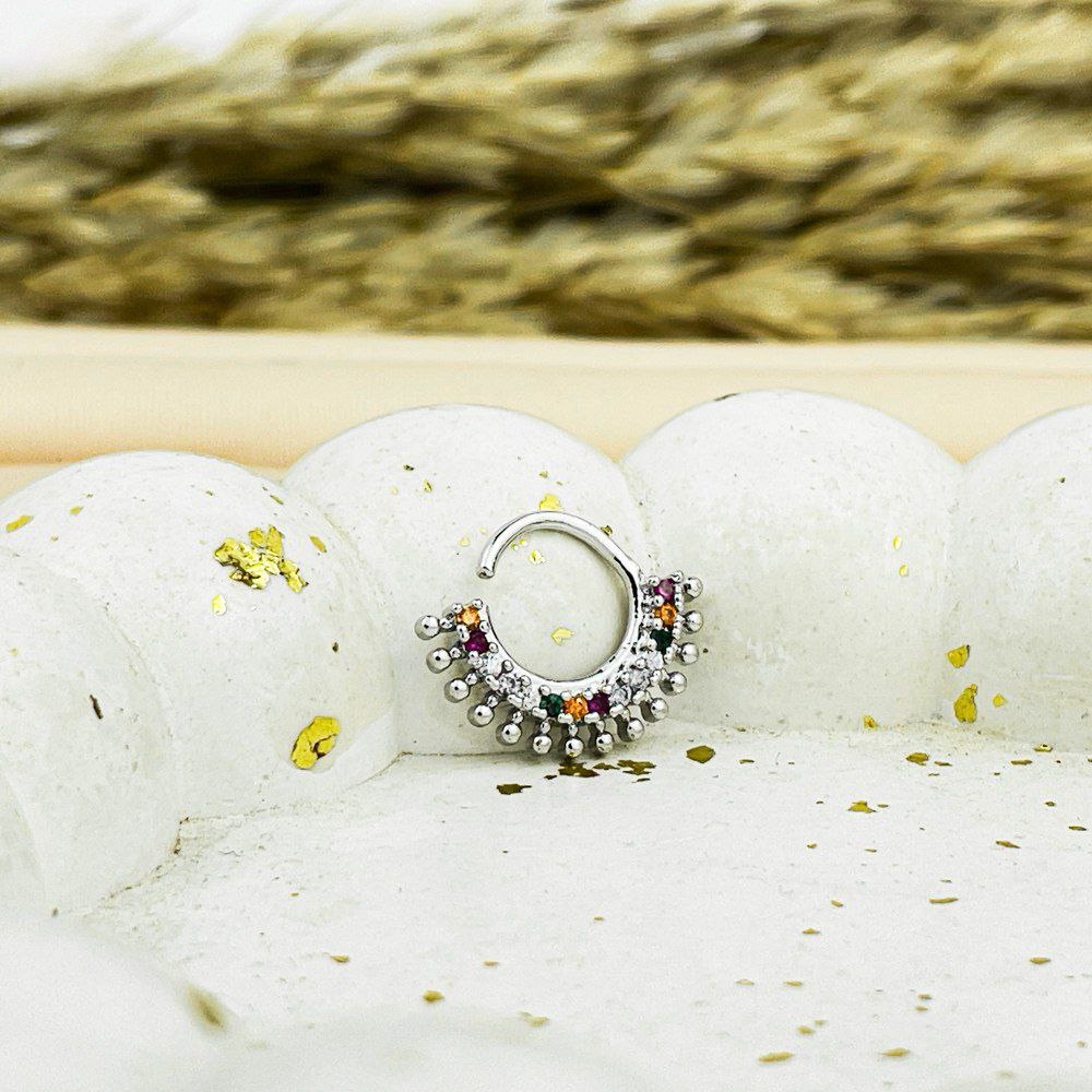 Silver Bloom Nose Piercing – Multicolor Stones