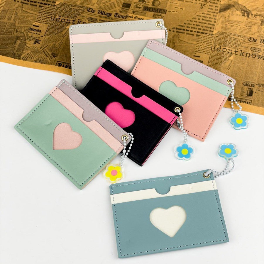 Heart Cutout Card Holder – Pastel PU Leather with Acrylic Charm